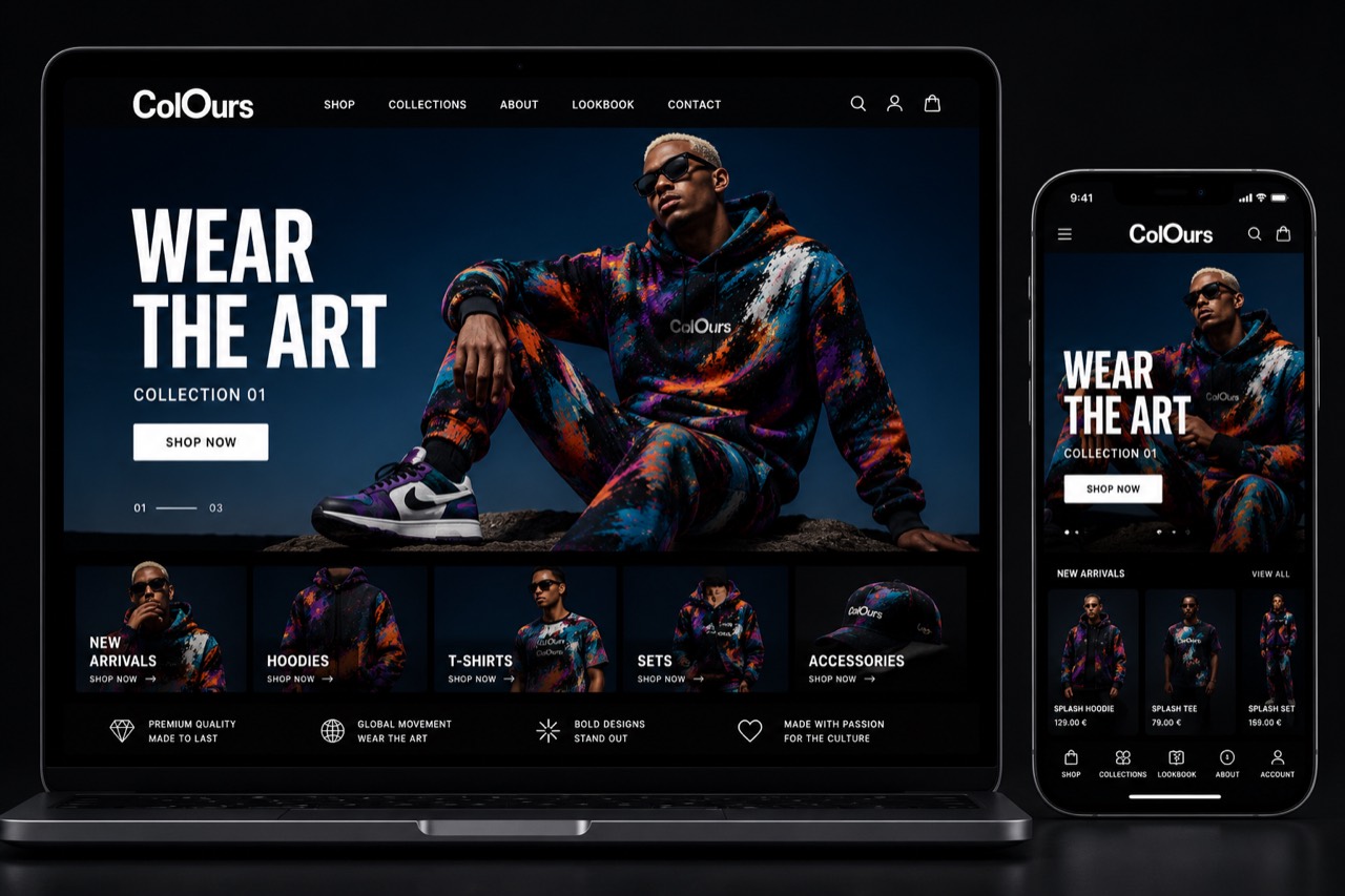 Webshop mockup laptopon es telefonon